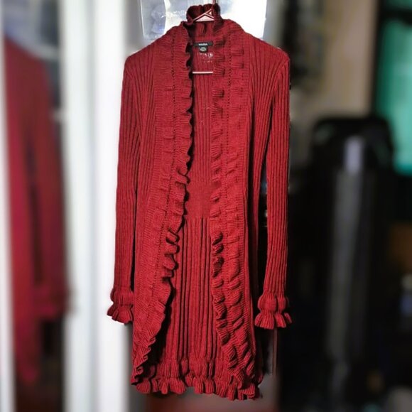 Ruffled Open-Front Long Cardigan Sweater w/ Matching Tie-front or Tie-back Belt - Picture 1 of 5